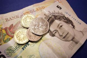 Some British sterling money in coins and bank notes.