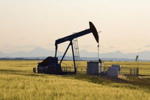An oil pump jack pumps oil in a field near Calgary