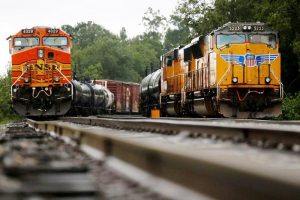Train engines stand still on tracks in Orange, Texas