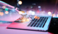 Robotic hand pressing a keyboard on a laptop 3D rendering