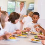 schoolchildren sitting around a cafeteria