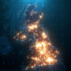 Night Map of United Kingdom with City Lights Illumination. 3D render