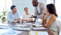 Project management, leadership and planning with business people in meeting for marketing strategy, consulting and teamwork. Collaboration, growth and future with employees in office for research