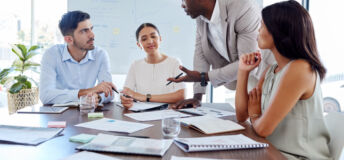 Project management, leadership and planning with business people in meeting for marketing strategy, consulting and teamwork. Collaboration, growth and future with employees in office for research