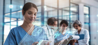 Doctor, woman and tablet in hospital with holographic ux for telehealth, medical innovation and dna study. Medic, mobile touchscreen for typing on app for data analysis, 3d hologram ui and research