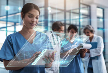 Doctor, woman and tablet in hospital with holographic ux for telehealth, medical innovation and dna study. Medic, mobile touchscreen for typing on app for data analysis, 3d hologram ui and research