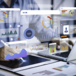 An analyst uses a computer and dashboard for data business analysis and Data Management System with KPI and metrics connected to the database for technology finance, operations, sales, marketing