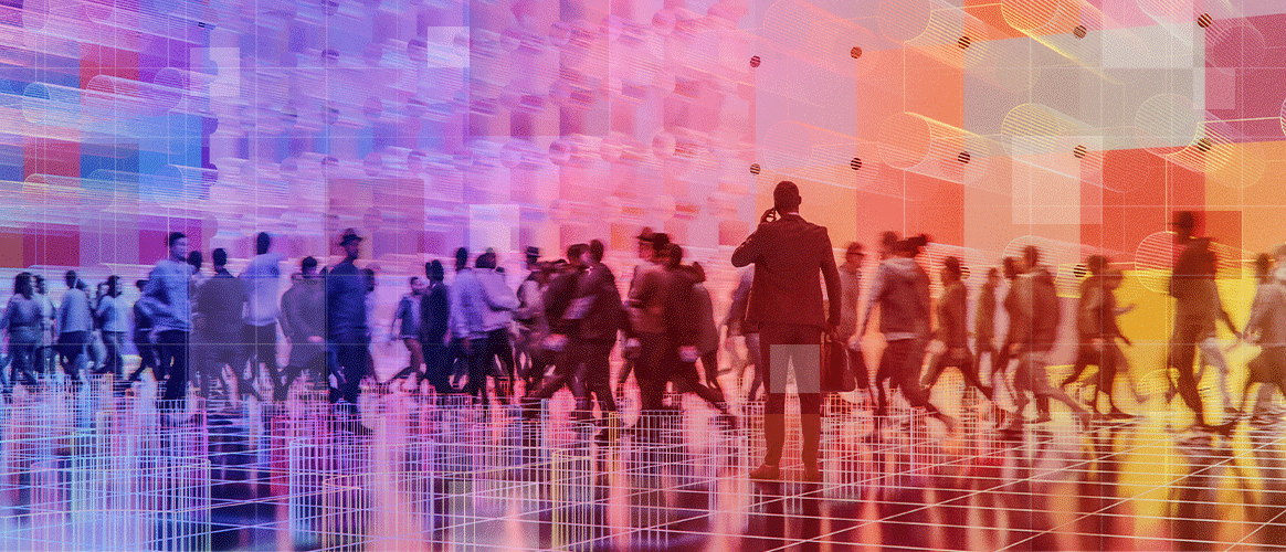 A crowd of people in a futuristic place, with one person in the foreground on the phone, for the Democratisation & Transparency theme in Private Markets 2030