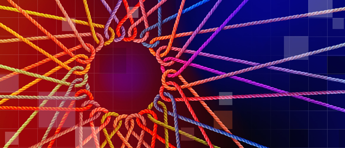 Many threads intertwine like the spokes of a wheel to create a circle out of space, for the Private Markets 2030 Industry Consolidation theme