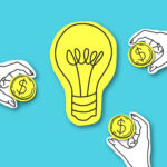Concept showing dollar coins converging on an idea lightbulb