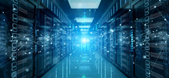 Connection network in dark servers data center room storage systems 3D rendering.