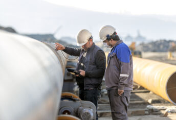 Non-destructive testing technicians are checking welds of pipe with ultrasonic testing (UT) method_Getty