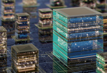 As data center developers build for the future, private equity bets on infrastructure A futuristic cityscape featuring stacked glass cubes resembling data centers, reflecting lights across a circuit-like urban terrain. Symbolizes technology, innovation, and digital infrastructure powering modern cities.