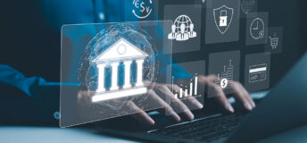 Close up shot of hands typing on a laptop with overlays of digital banking icons
