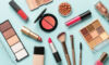 Beauty products on blue background.