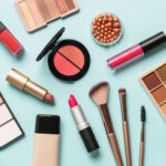 Beauty products on blue background.