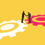 Illustration of two business people shaking hands while standing on different cogs.
