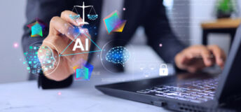 AI concept with business man using artificial intelligence to create work and paying attention to human creativity and protection of copyright laws